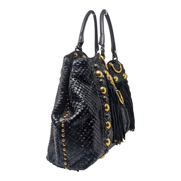 Gucci Babouska Hysteria Fall 2008 Tote Snakeskin Fringe Large Black Gold Y2K - Picture 5 of 16